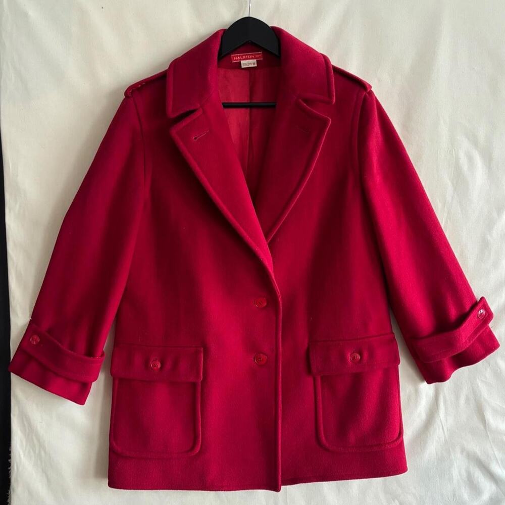 Vintage 80s Halston III Red 100% Wool Military Utility Coat - Size 6/8